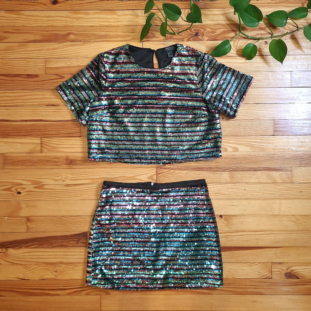 Forever 21 Striped Sequin 2 Piece Cropped Top and Skirt Set - large